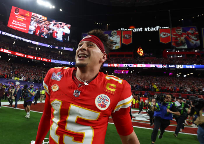 Kansas City Chiefs quarterback Patrick Mahomes celebrates after winning Super Bowl LVIII.